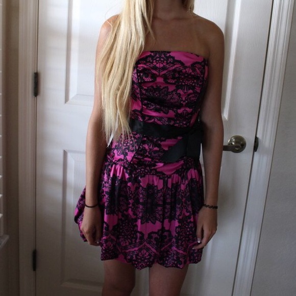 strapless magenta and black dress