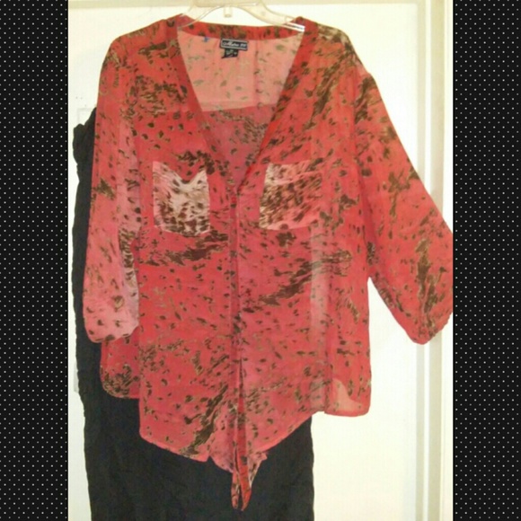 3X red button up sheer long sleeve tie front top - Picture 1 of 1