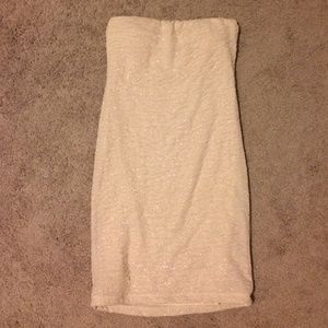 Bebe White/Silver Sparkle Strapless BodyCon Dress
