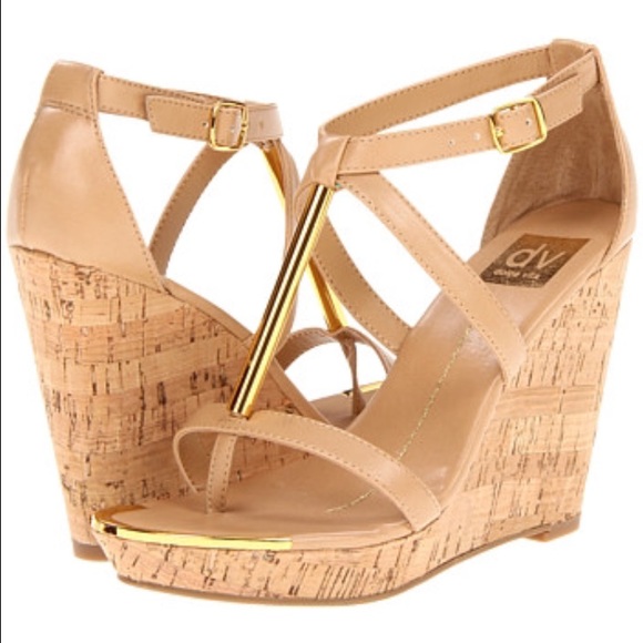 NBW DV Dolce Vita tan & gold T-strap cork wedges