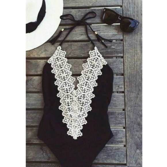 White Lace Black Swimsuit