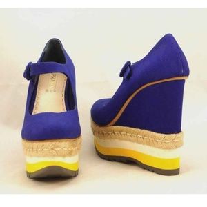 Blue Cobalt PRADA Canvas Platform Mary Jane wedges