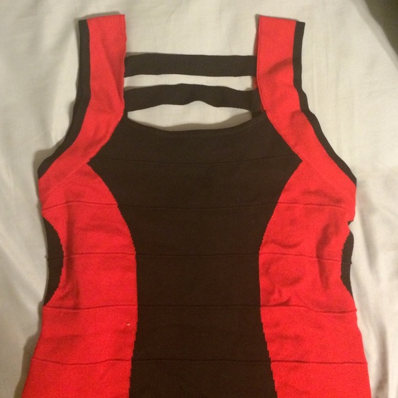 Red and black short length bandage dress.