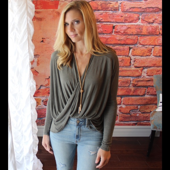 Olive surplice front tuck top - Picture 2 of 3