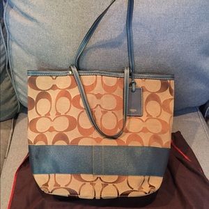 Large Signature Stripe Coach Tote