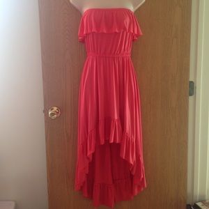 ☀️ Coral Strapless Hi-Low Dress