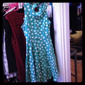 Teal polka dot fit and flare dress