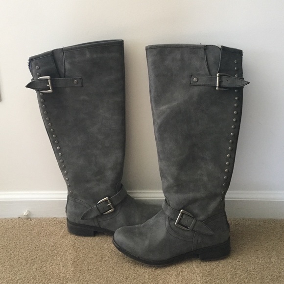 Grey knee high boots