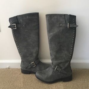 Grey knee high boots