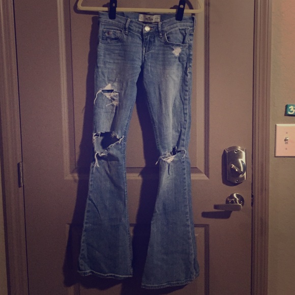 Hollister Light Wash Boot Leg Destroyed Jeans