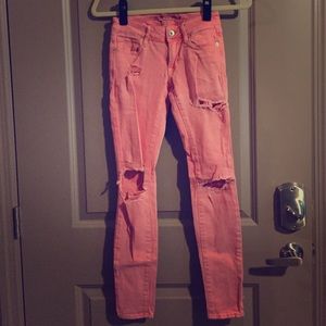 Bullhead Pink Destroyed Skinny Jeans