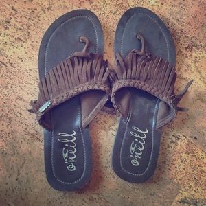 Fringe suede flip flops