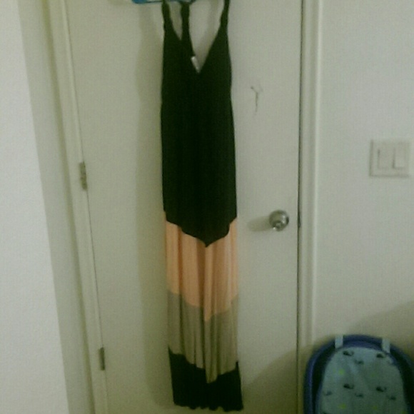 Maxi dress navy blue, salmon, and tan colors