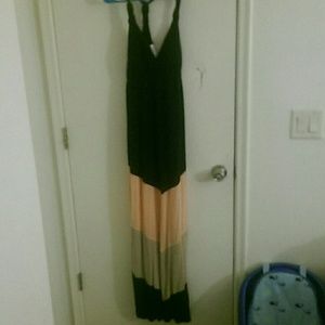 Maxi dress navy blue, salmon, and tan colors