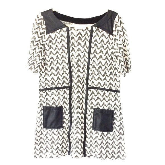 Black & White Tunic Top with Vegan Leather Details