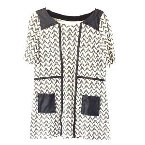 Black & White Tunic Top with Vegan Leather Details