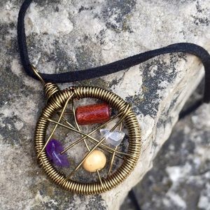 Handmade Wire Wrapped Pendant on Black Leather!