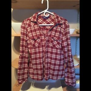 Red, white, and blue plaid button up shirt