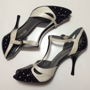 Via Spiga black and white T-strap heels