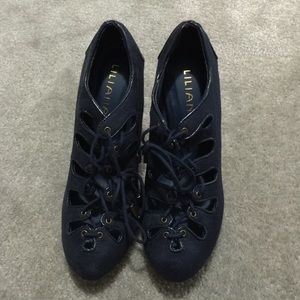 Blue suede lace up high heel shoes