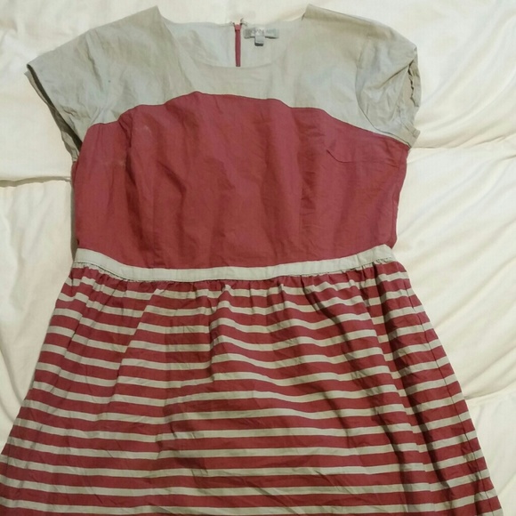 Downeast Basics Gray and Burgundy Striped Dress