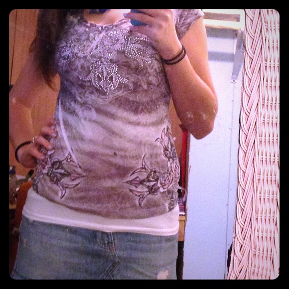 V-Neck Semi-Burn Out Shirt W/ Gems!!