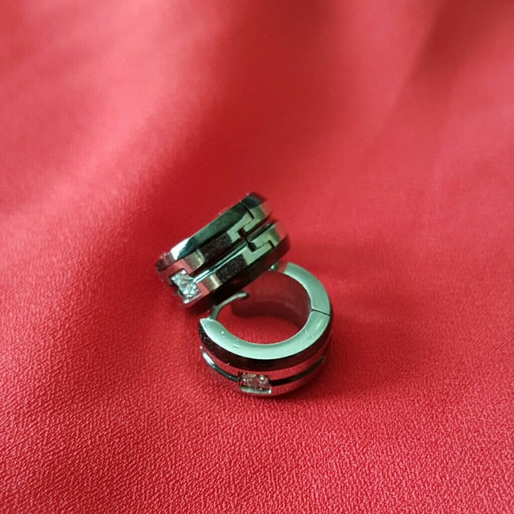 Silver with black & diamond  hoop earrings - Picture 2 of 2