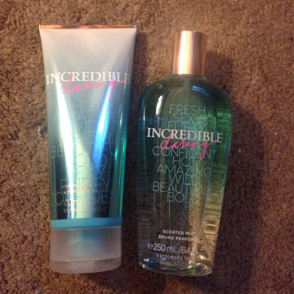 Victoria's Secret body spray and body lotion pair.