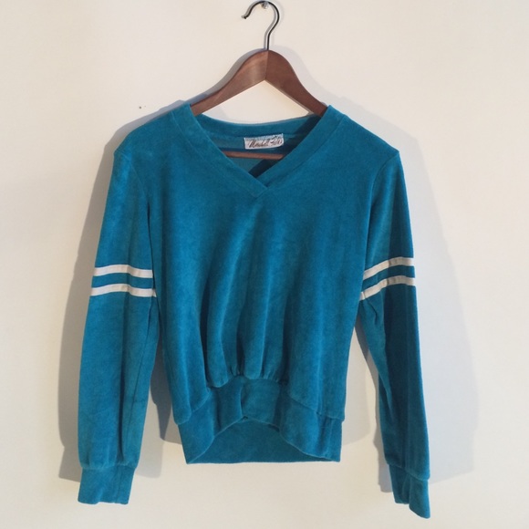 Vintage Marshall Fields Teal & White Velour Top