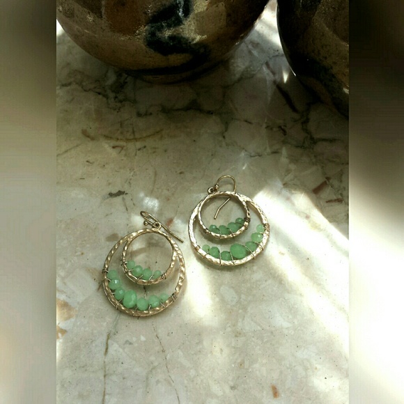 Anthropologie Jewelry - Anthropologie Gold / Green Hammered Hoop Earrings