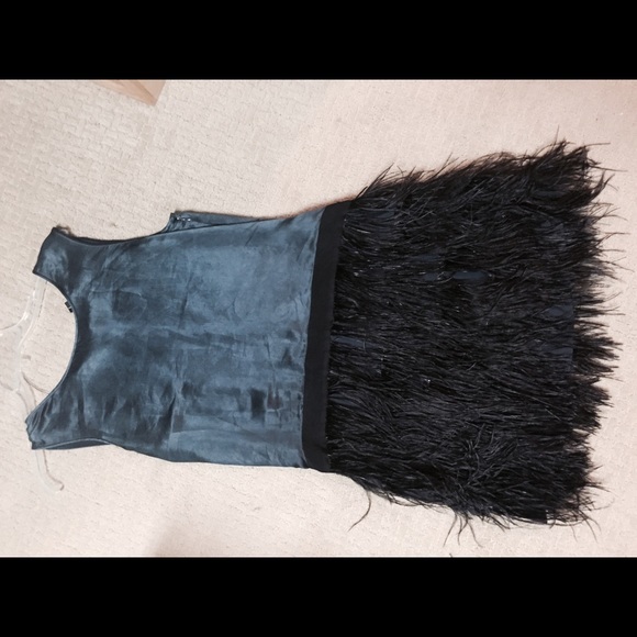 Theory slate blue dress-size 4- silk top with feathered bottom