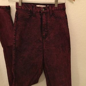 High waisted red acid wash jeans
