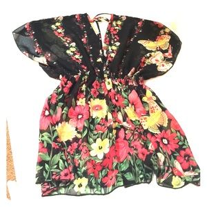 Butterfly print tie back empire sleeve blouse🌺