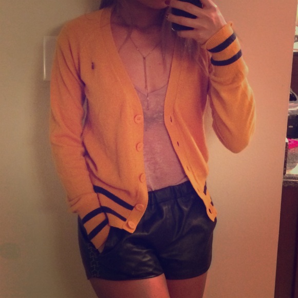 Mustard Letterman Sweater w/ Navy Blue Stripe