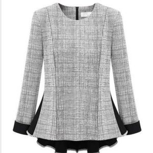 Grey and black peplum dress shirt.