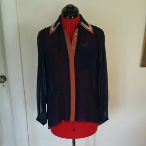 Sheer, navy blue button up blouse