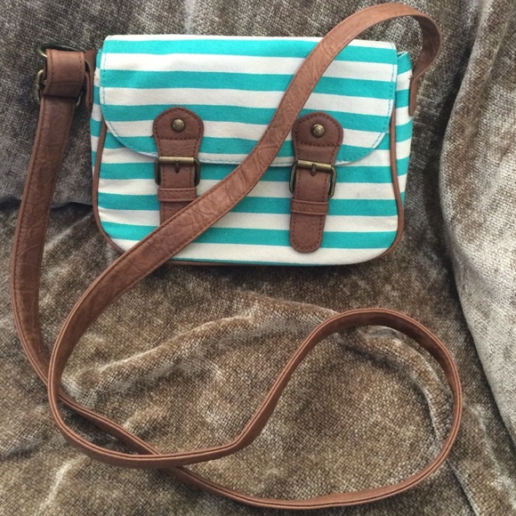 White, tan, aqua green across the body purse