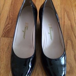 My ferragamo black patent wedge pumps