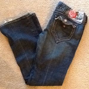 Blue tattoo flare jeans