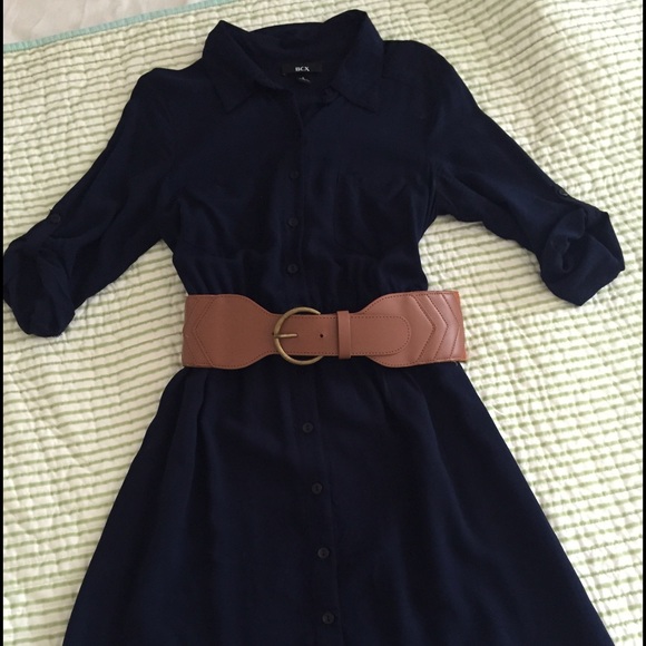 Dark blue dress with beige waist belt