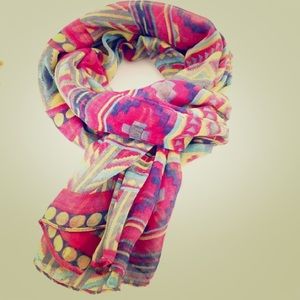Colorful scarf with geometric pattern.