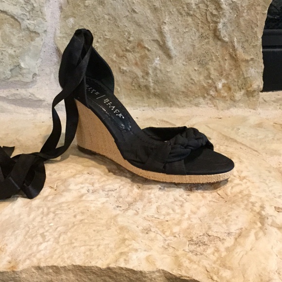 Black Fabric & Light Tan Wedges, Ankle Straps