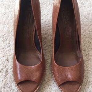 Brown leather open toe wedge shoes