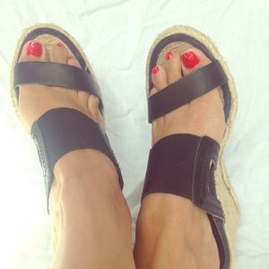 RALPH LAUREN BLACK ELASTIC WOMENS WEDGES SANDALS