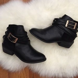 Gold Buckle Strapped Black Ankle Boots