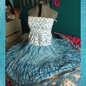 Blue and white floral tube top dress