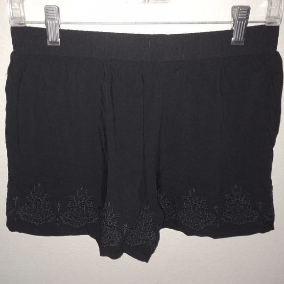 Black embroidered elastic waist shorts