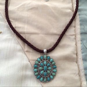 16" brown cord necklace w/ faux turquoise pendant