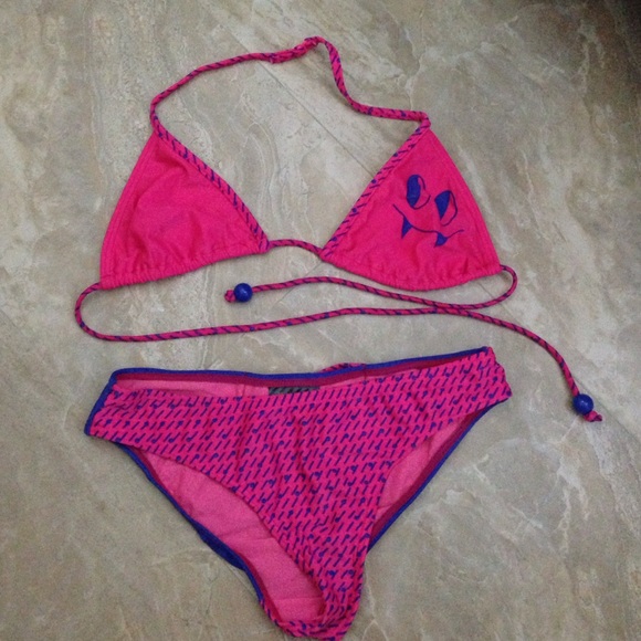 Pink and blue bikini top and bottom
