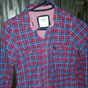Red blue and white button up flannel shirt
